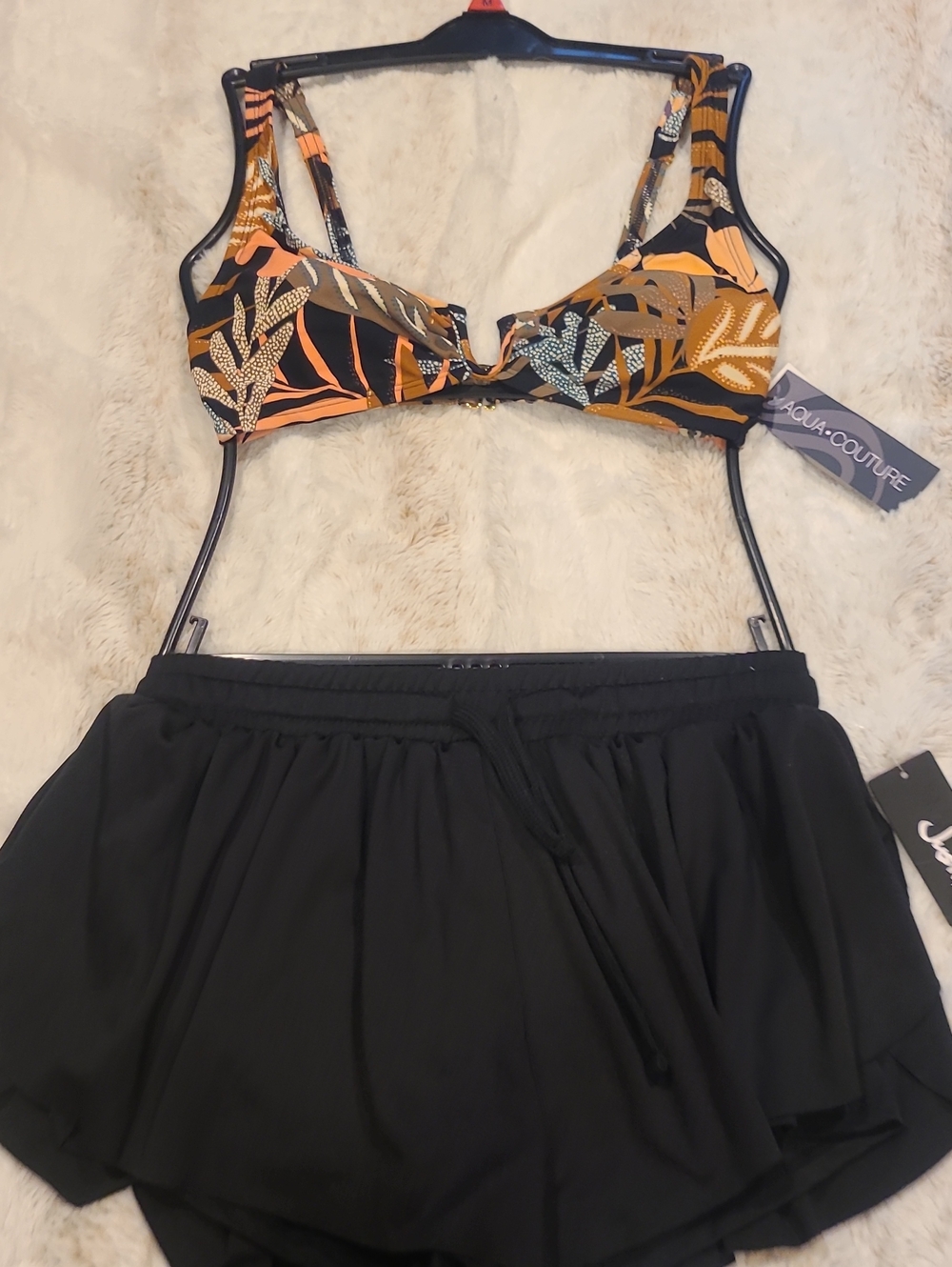 Justify Tropical Leaf Print Bikini in Black,Orange & Tan. w/Swiming Scort/Shorts
